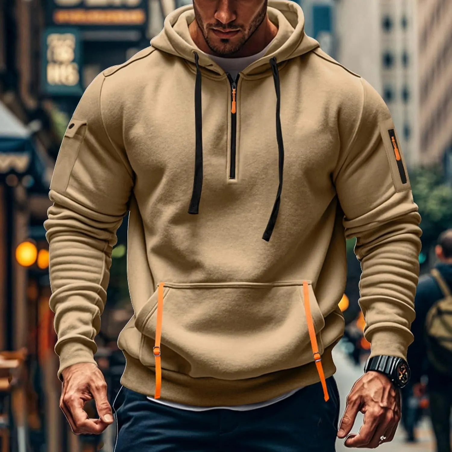 Ymosrh Mens Tactical Cargo Hoodie Athletic Work Hooded Sweatshirt Pullover Hoodies with Zipper Pockets Winter Sweatshirts