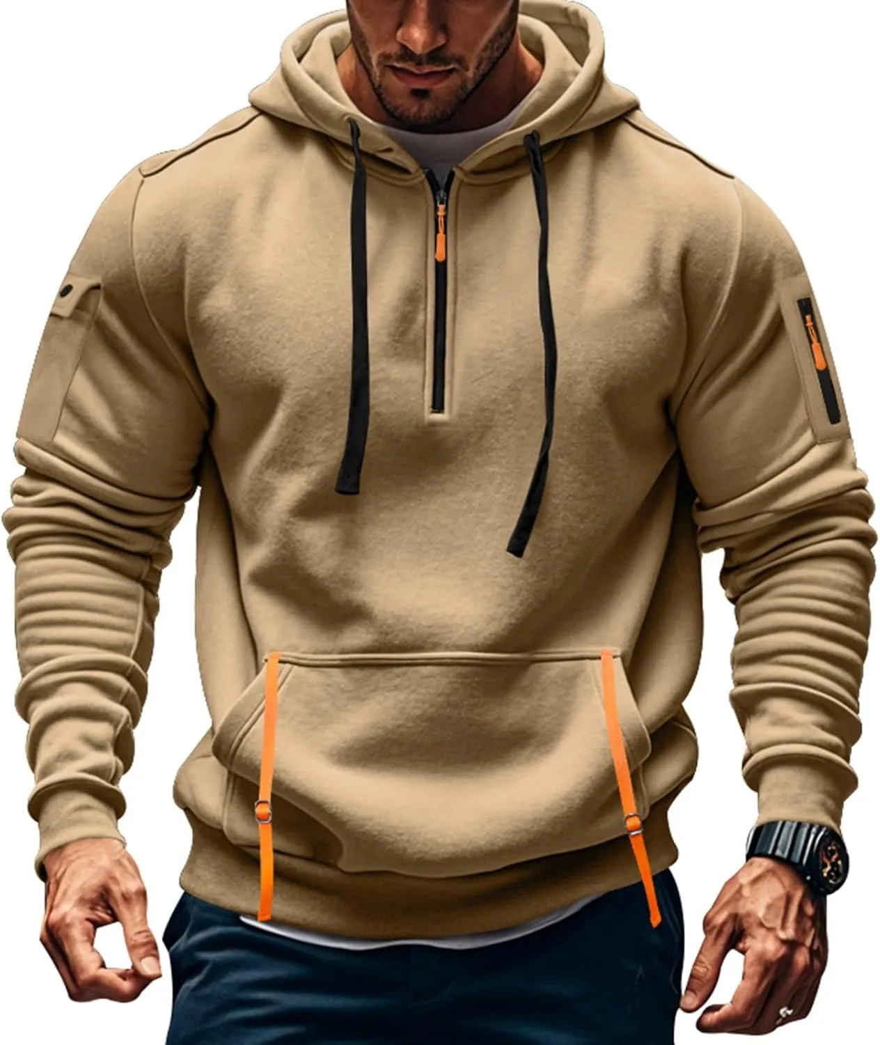 Ymosrh Mens Tactical Cargo Hoodie Athletic Work Hooded Sweatshirt Pullover Hoodies with Zipper Pockets Winter Sweatshirts