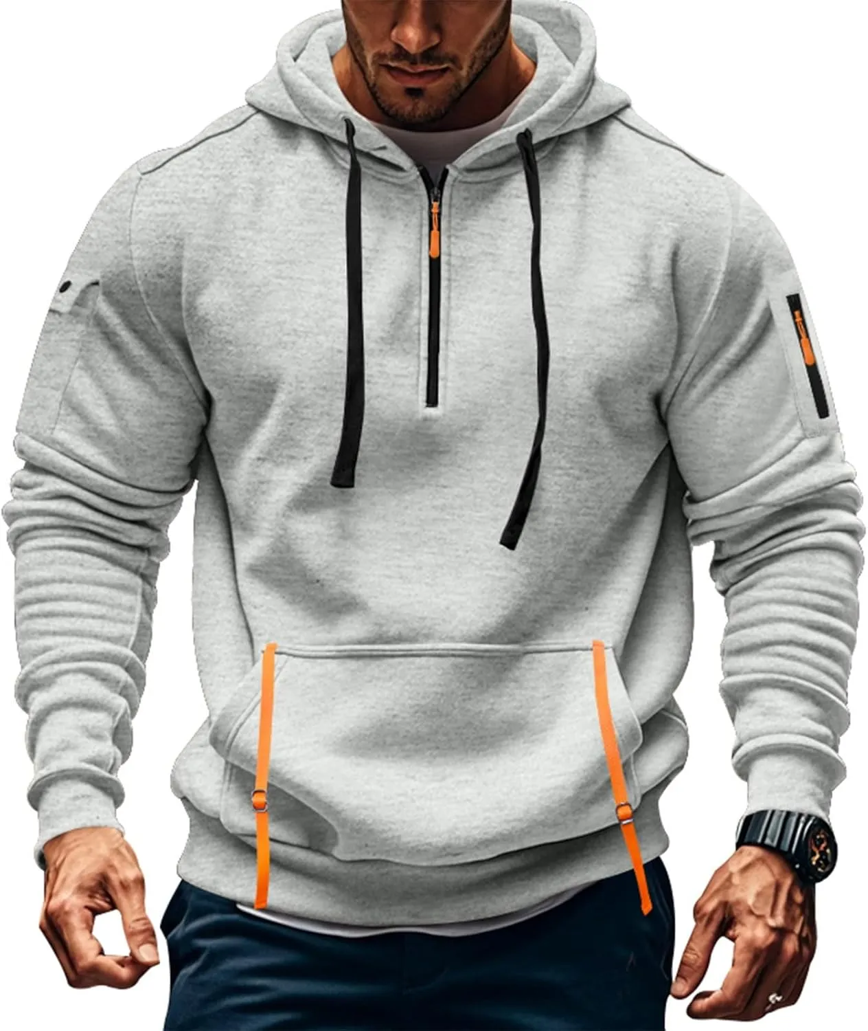 Ymosrh Mens Tactical Cargo Hoodie Athletic Work Hooded Sweatshirt Pullover Hoodies with Zipper Pockets Winter Sweatshirts