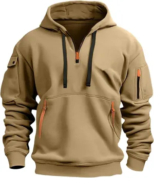 Ymosrh Mens Tactical Cargo Hoodie Athletic Work Hooded Sweatshirt Pullover Hoodies with Zipper Pockets Winter Sweatshirts
