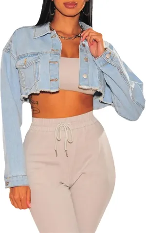 YouSexy Cropped Denim Jackets for Women Long Sleeve Destroyed Wash Jean Jackets