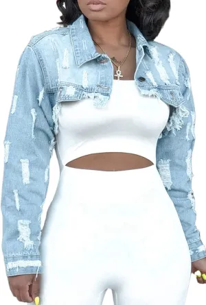 YouSexy Cropped Denim Jackets for Women Long Sleeve Destroyed Wash Jean Jackets