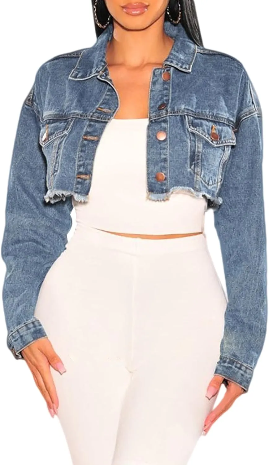 YouSexy Cropped Denim Jackets for Women Long Sleeve Destroyed Wash Jean Jackets