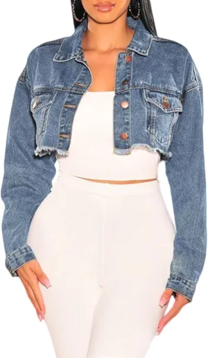 YouSexy Cropped Denim Jackets for Women Long Sleeve Destroyed Wash Jean Jackets