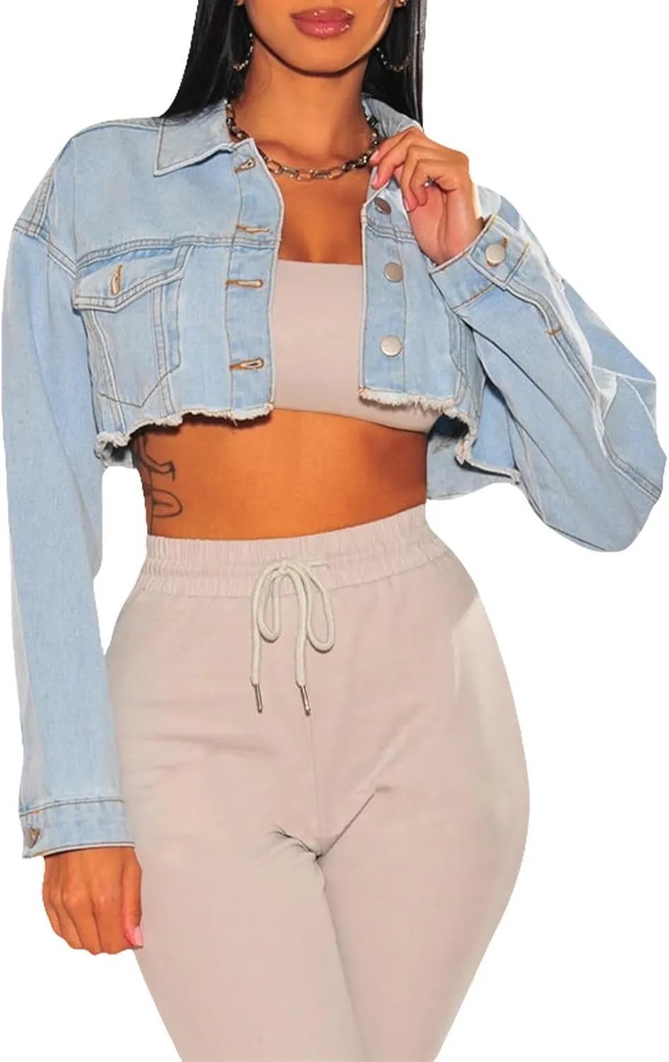 YouSexy Cropped Denim Jackets for Women Long Sleeve Destroyed Wash Jean Jackets
