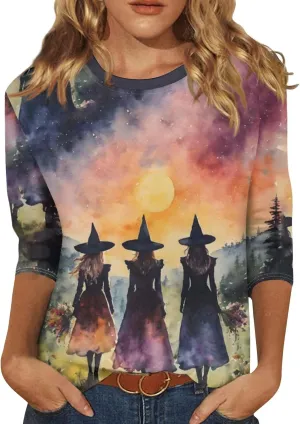 ZEFOTIM Womens Halloween Tops 3/4 Length Sleeve Crewneck Casual Scary Funny Shirts Ghost Bat Witch Tops