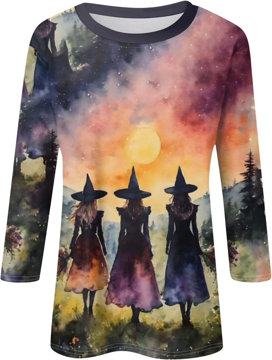 ZEFOTIM Womens Halloween Tops 3/4 Length Sleeve Crewneck Casual Scary Funny Shirts Ghost Bat Witch Tops