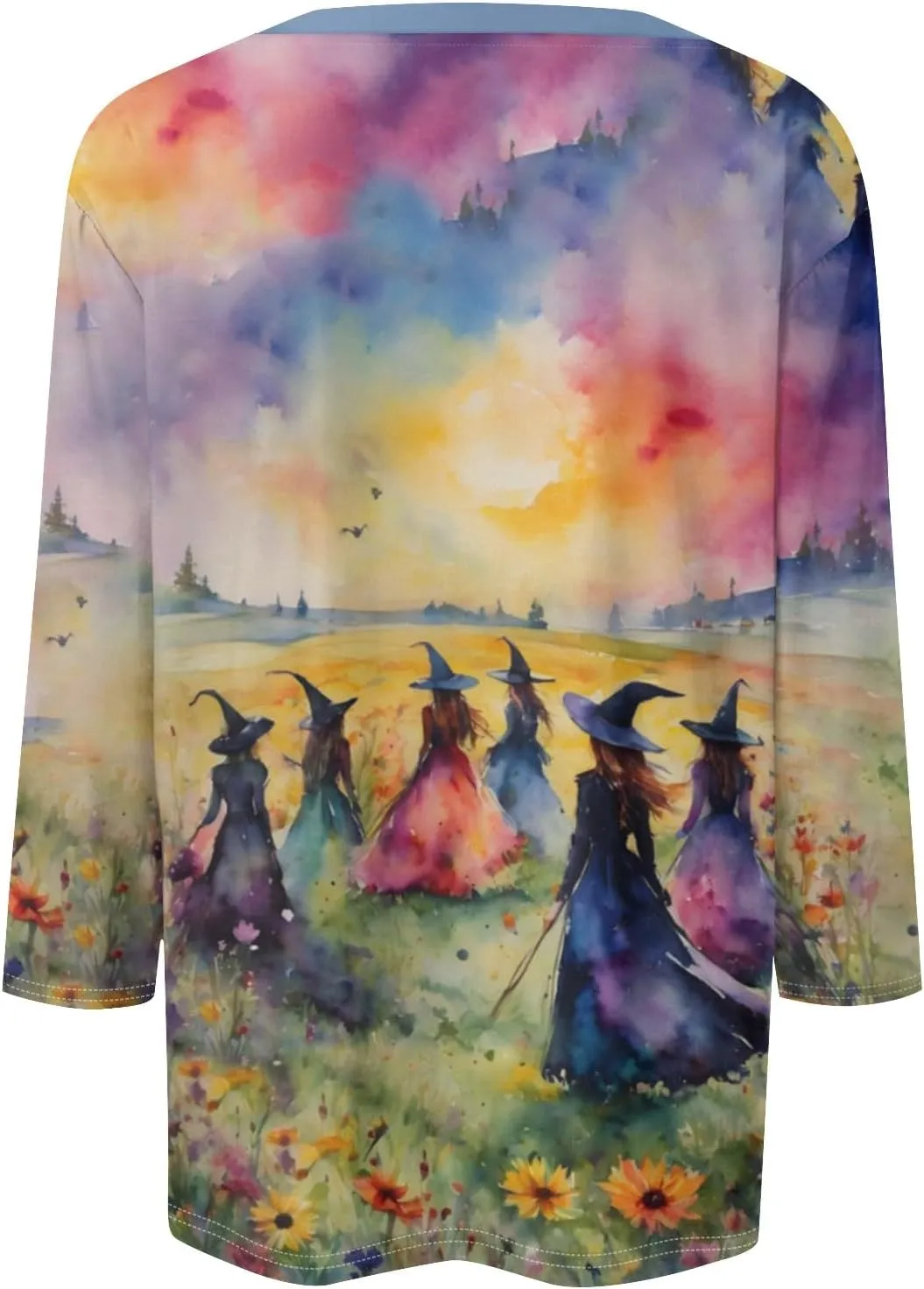 ZEFOTIM Womens Halloween Tops 3/4 Length Sleeve Crewneck Casual Scary Funny Shirts Ghost Bat Witch Tops