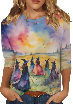 ZEFOTIM Womens Halloween Tops 3/4 Length Sleeve Crewneck Casual Scary Funny Shirts Ghost Bat Witch Tops