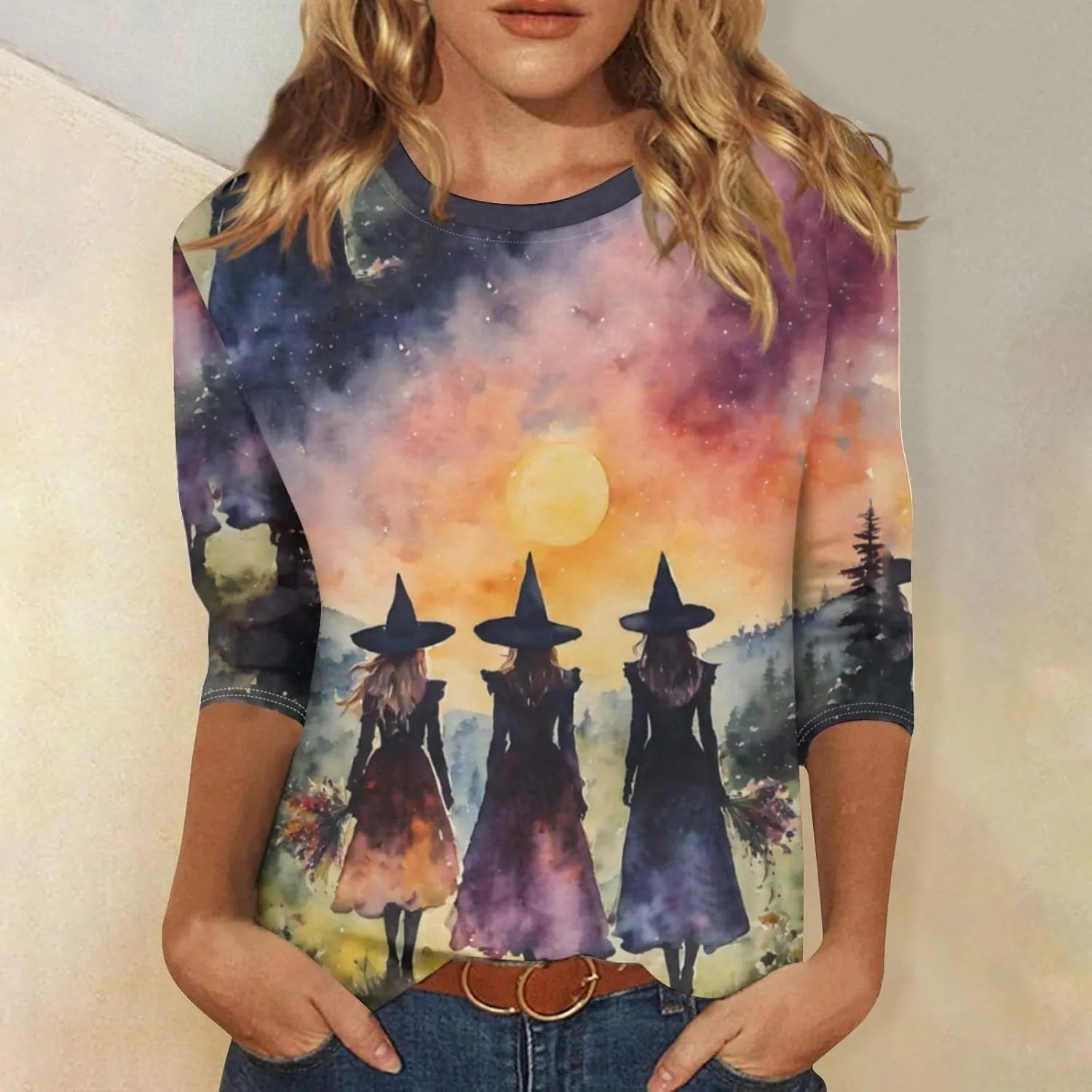 ZEFOTIM Womens Halloween Tops 3/4 Length Sleeve Crewneck Casual Scary Funny Shirts Ghost Bat Witch Tops