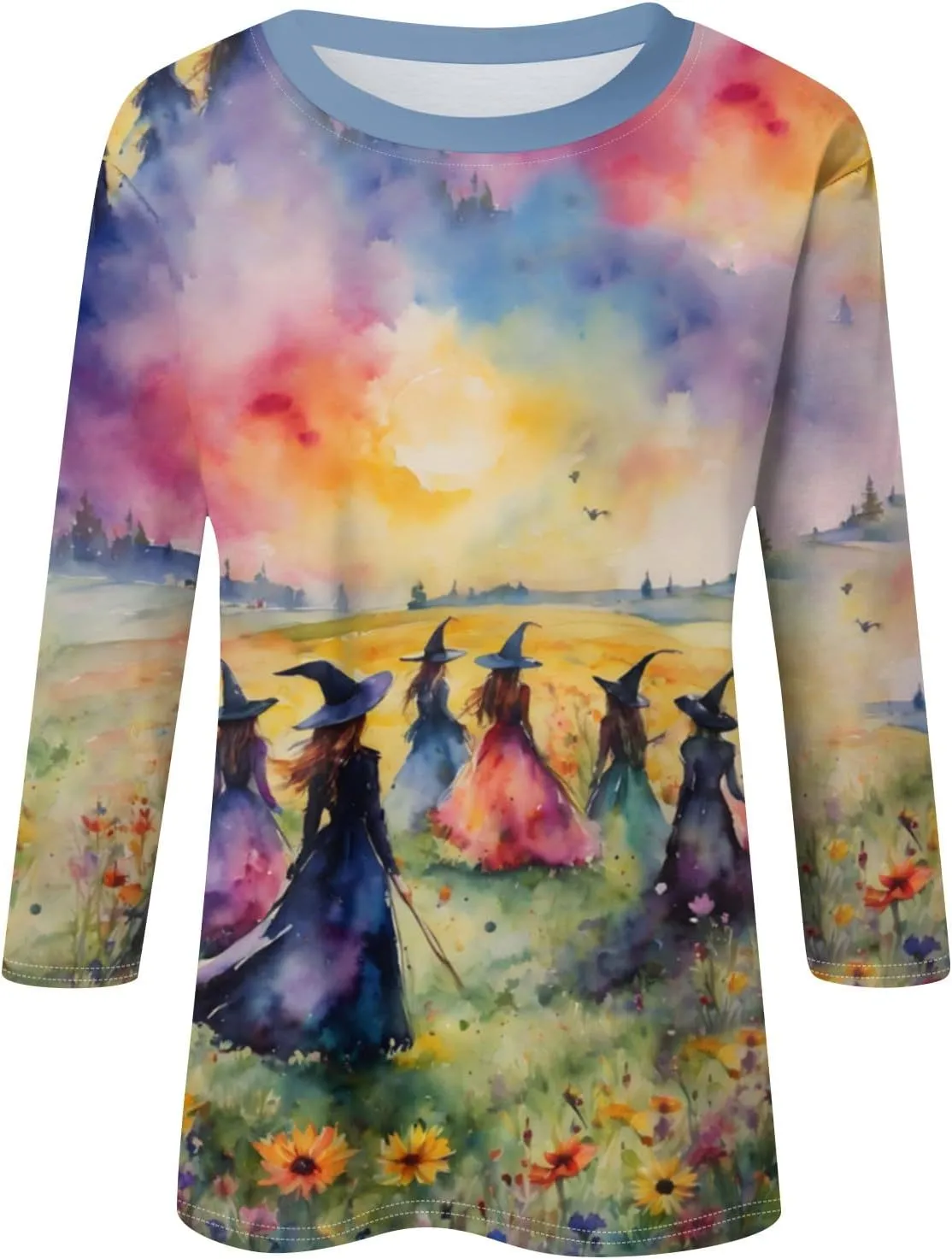 ZEFOTIM Womens Halloween Tops 3/4 Length Sleeve Crewneck Casual Scary Funny Shirts Ghost Bat Witch Tops