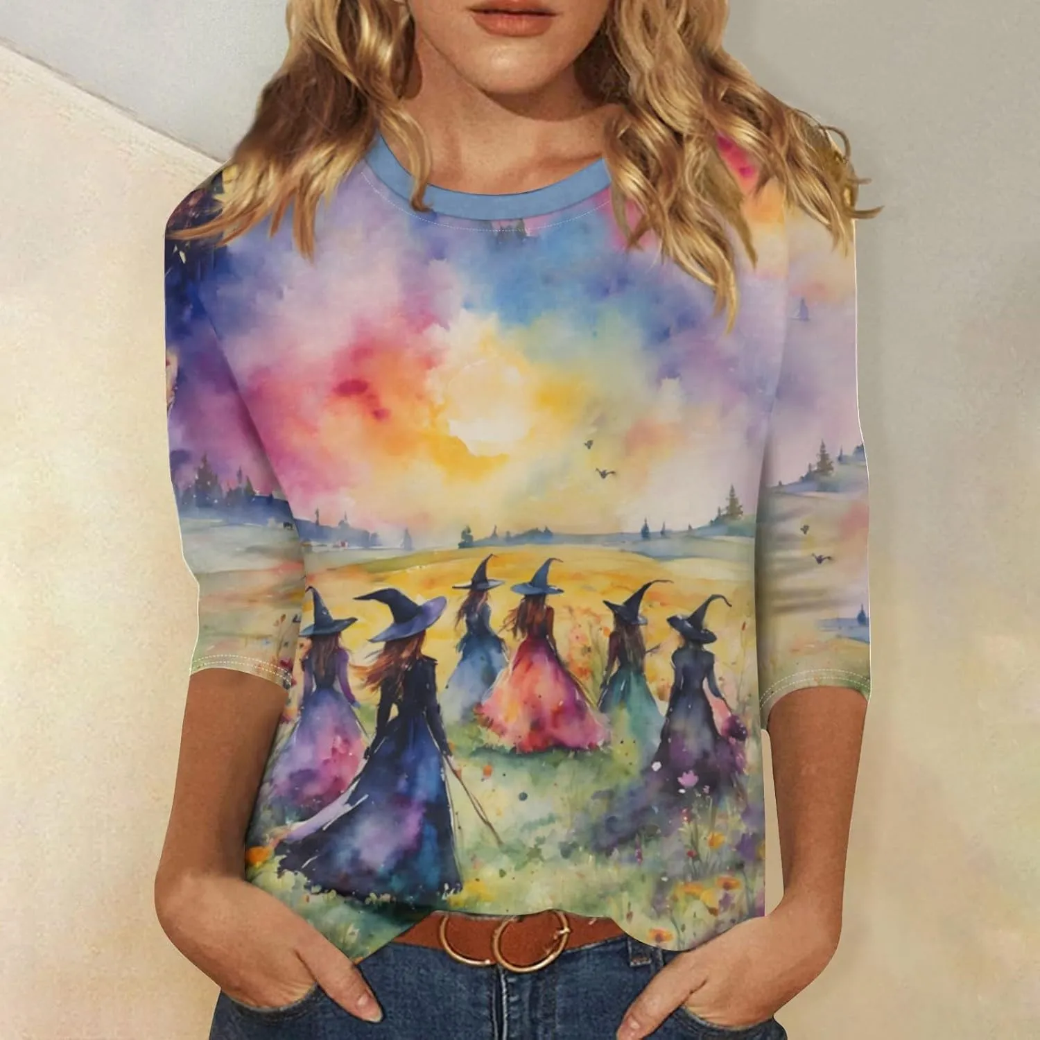 ZEFOTIM Womens Halloween Tops 3/4 Length Sleeve Crewneck Casual Scary Funny Shirts Ghost Bat Witch Tops