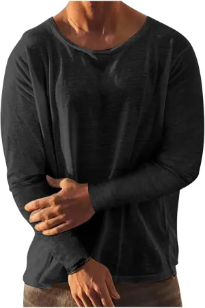 Zeiyignr Cotton Linen Shirts for Men Casual Shirts Round Neck Lightweight Long Sleeve Beach Shirt Loose Fit Hawaiian T Shirts